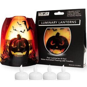 4 Luminary Lanterns Fall Pumpkin Halloween Flameless Reusable LED Candles NEW